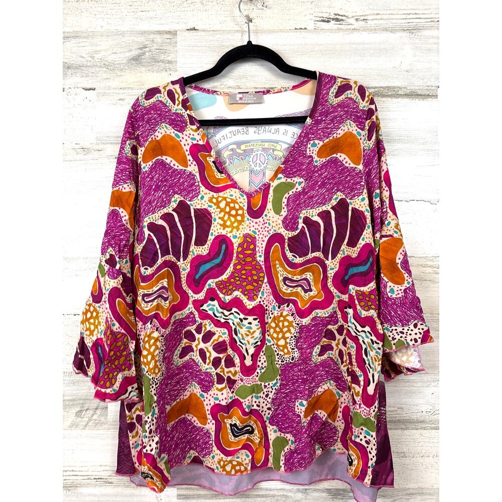 Tina Stephens Womens M Multicolor Peace Print Bell Sleeve Viscose Blouse Italy